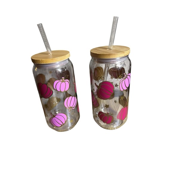 The Unbranded Brand Other - Pink Pumpkin Glass Can Tumbler Set w/ Lid & Straw – 16oz Fall Halloween Cups